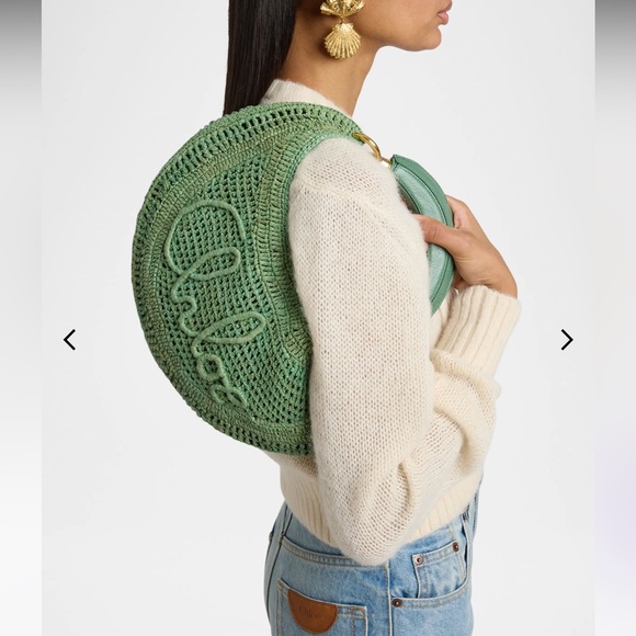 CHLOE SUMMER BANANA / Semicircle Green Tote Purse / Crochet Woven Raffia - Picture 1 of 7